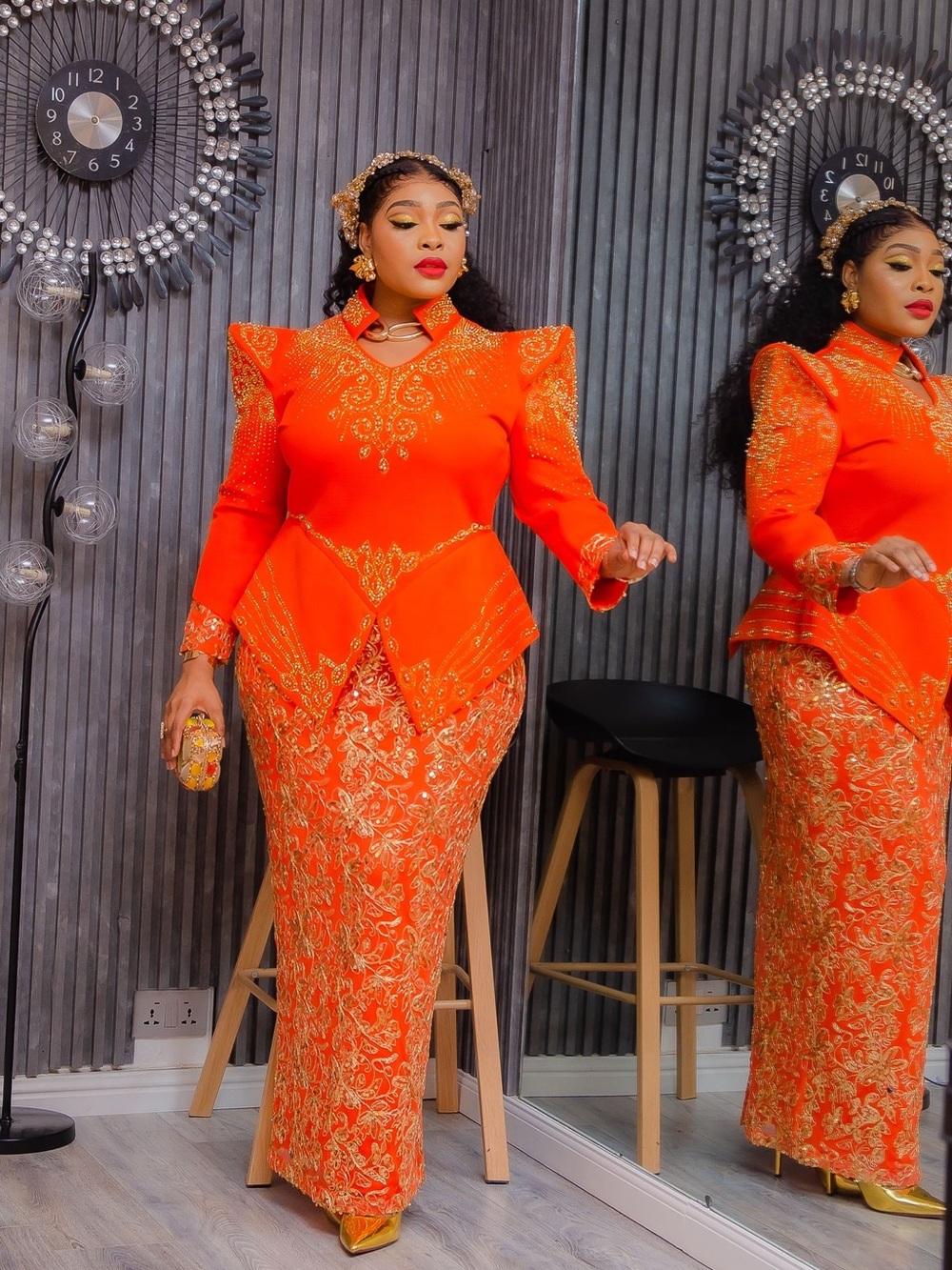 Trina Turk Orange Embellished Peplum Pencil Dress